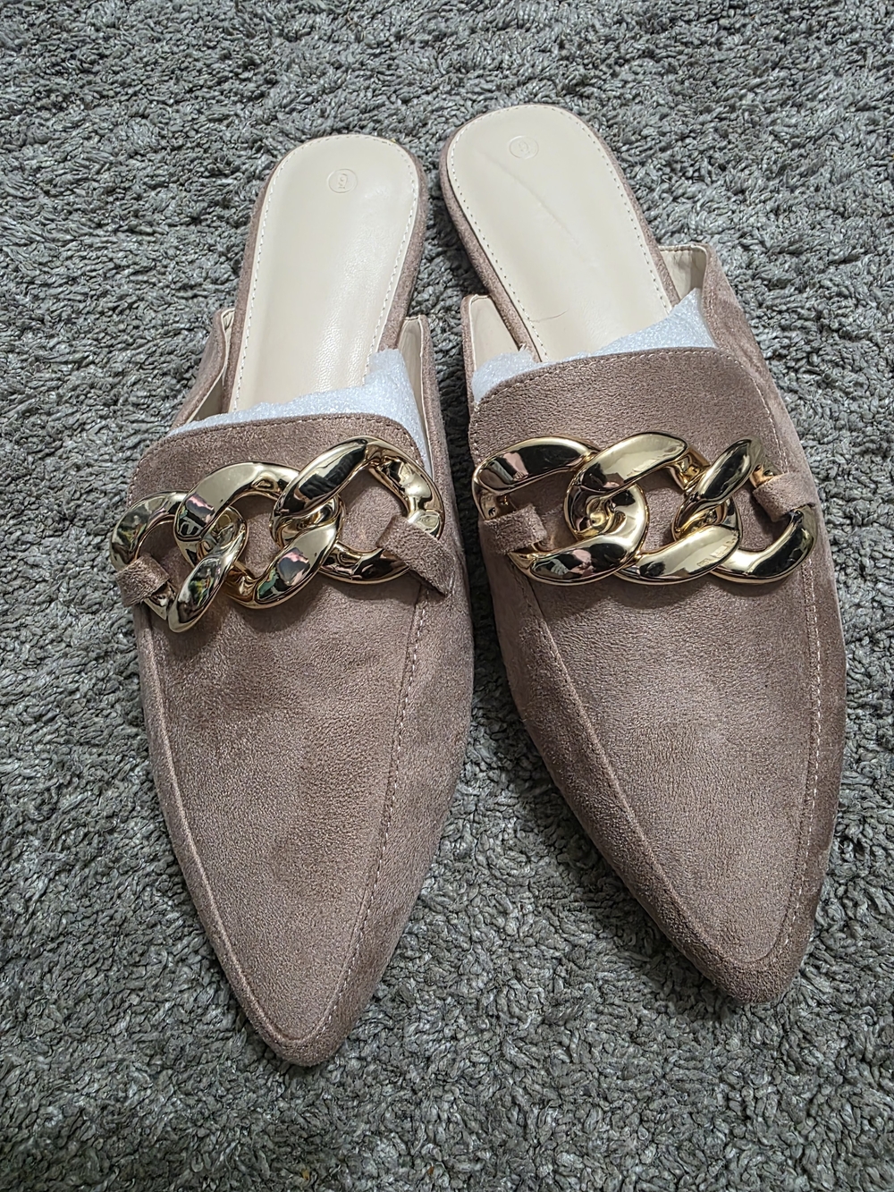 Women's Pointed Toe Suede Slide Mules with Gold Chain Accent - Taupe
